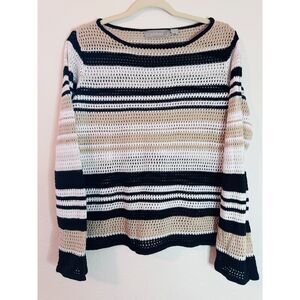 Liz Claiborne Striped Crochet Knit Linen Blend Pullover Sweater XL